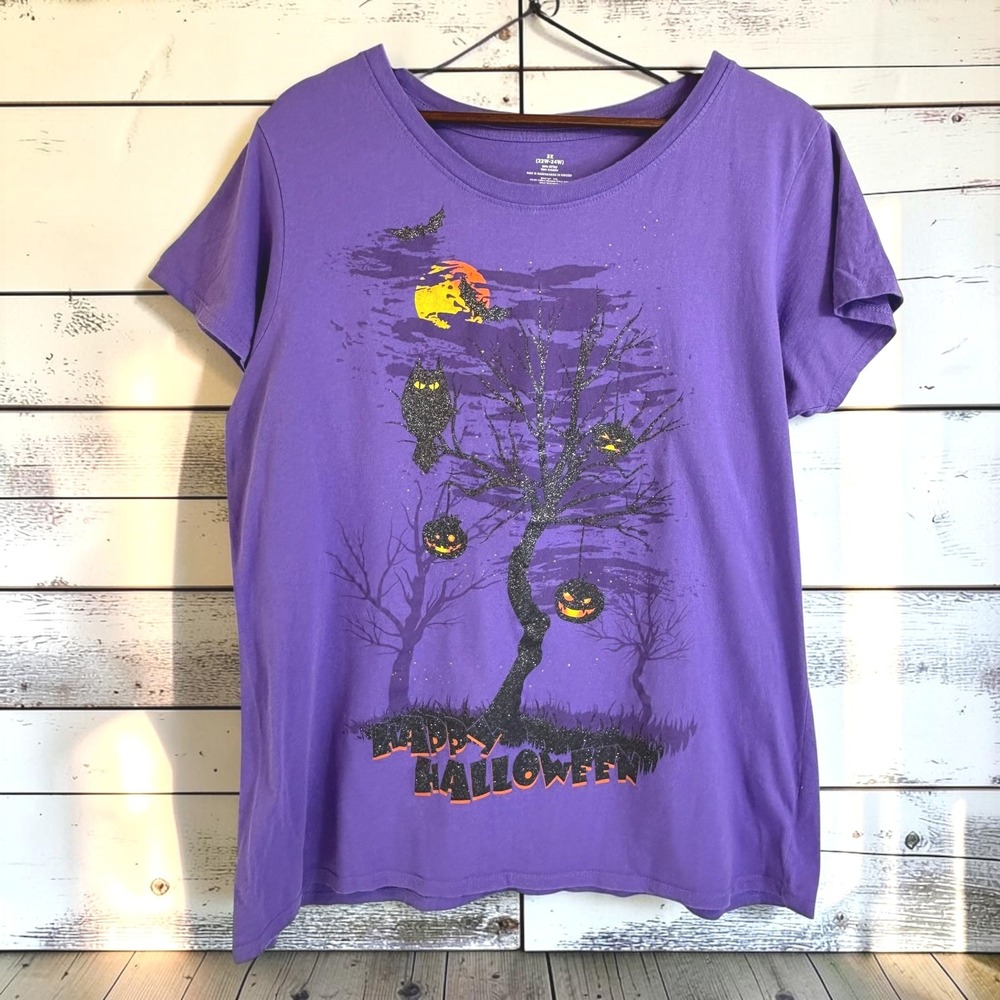 Halloween Graphic T-Shirt 3X Purple 100% Cotton Glitter Tree Spooky Pumpkin Moon